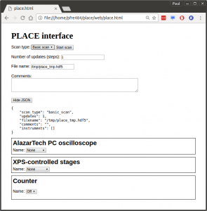 PLACE web interface showing JSON configuration data.